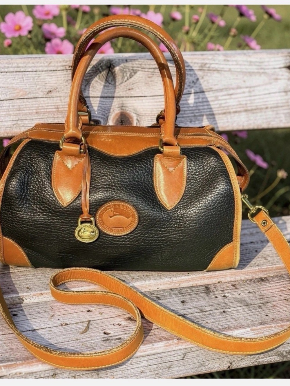 Dooney & Bourke Vintage Black with Tan Trim Pebbled Leather Satchel
